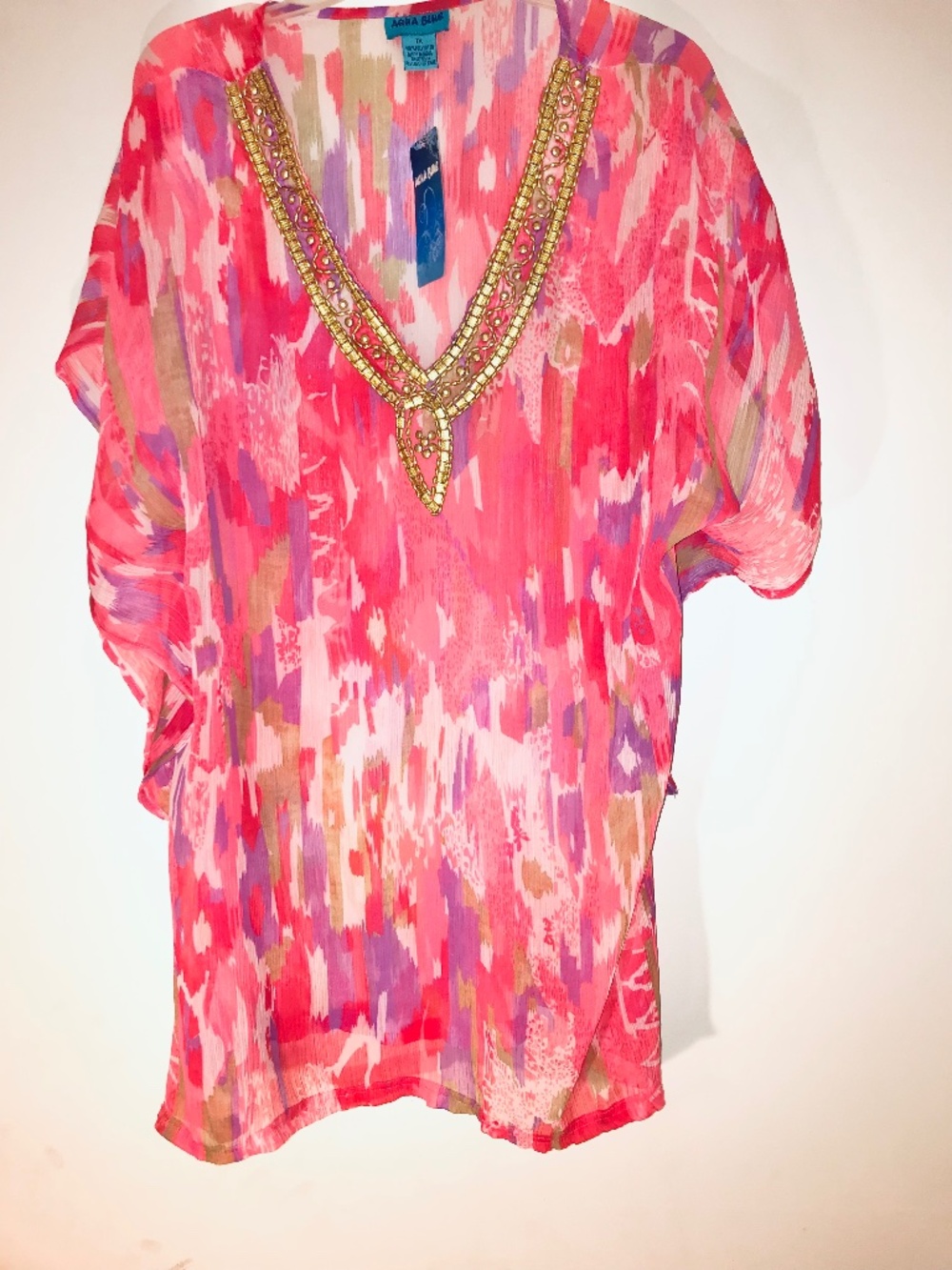NWT Aqua Blue Pink Coverup Caftan Sheer Swim Cover Up Gold Beaded Neck Dress 1X